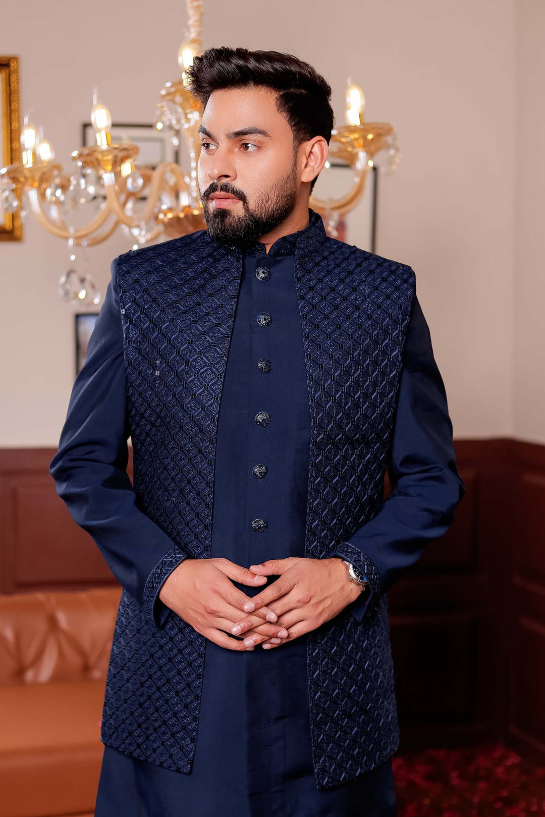 Navy Blue Open Jacket Style Suit with Sequin Work.