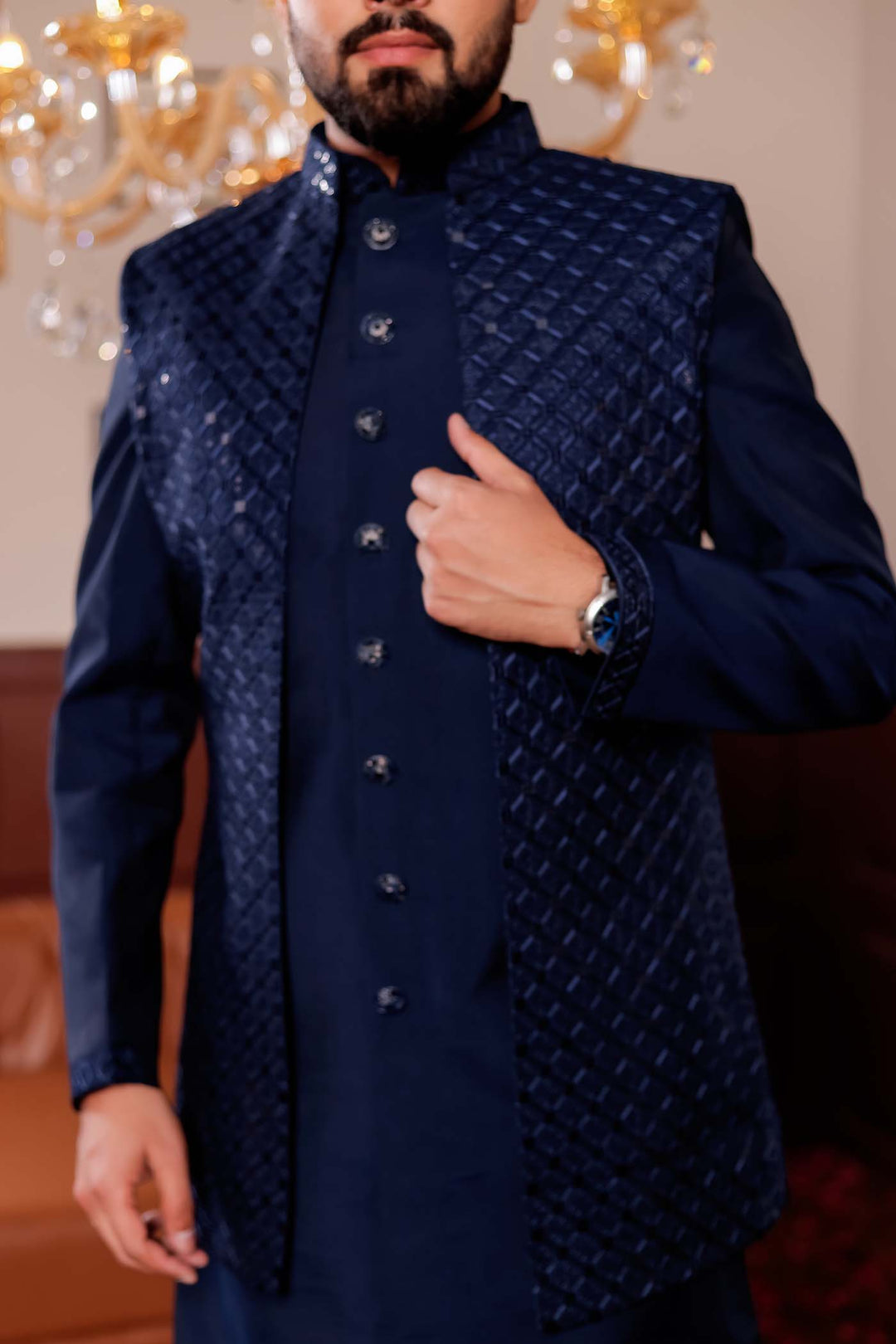 Navy Blue Open Jacket Style Suit with Sequin Work.