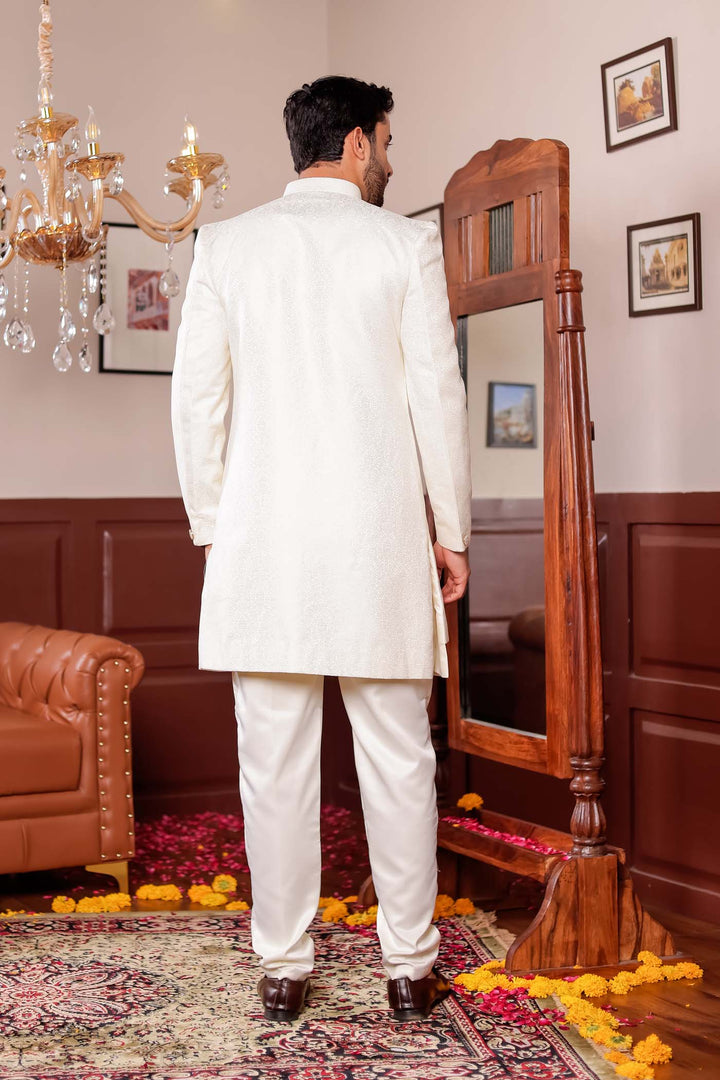 Cream Brocade Silk Jacket Style Indo-wester Suit.