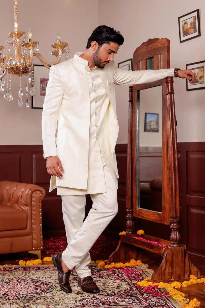 Cream Brocade Silk Jacket Style Indo-wester Suit.