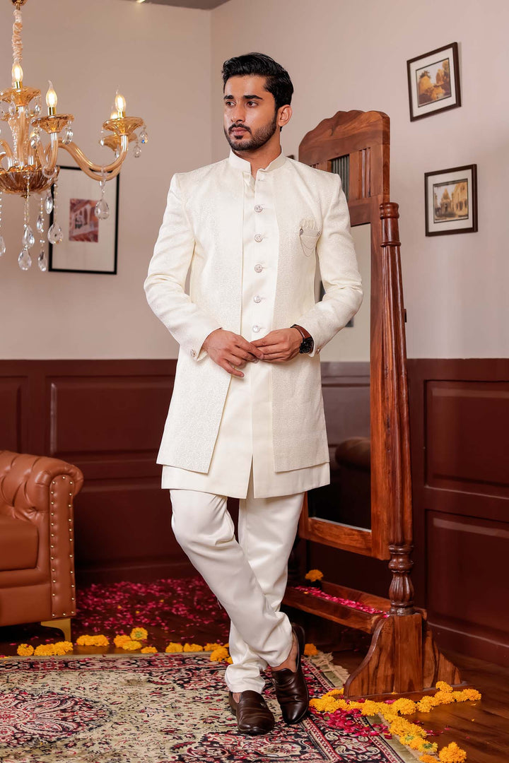 Cream Brocade Silk Jacket Style Indo-wester Suit.