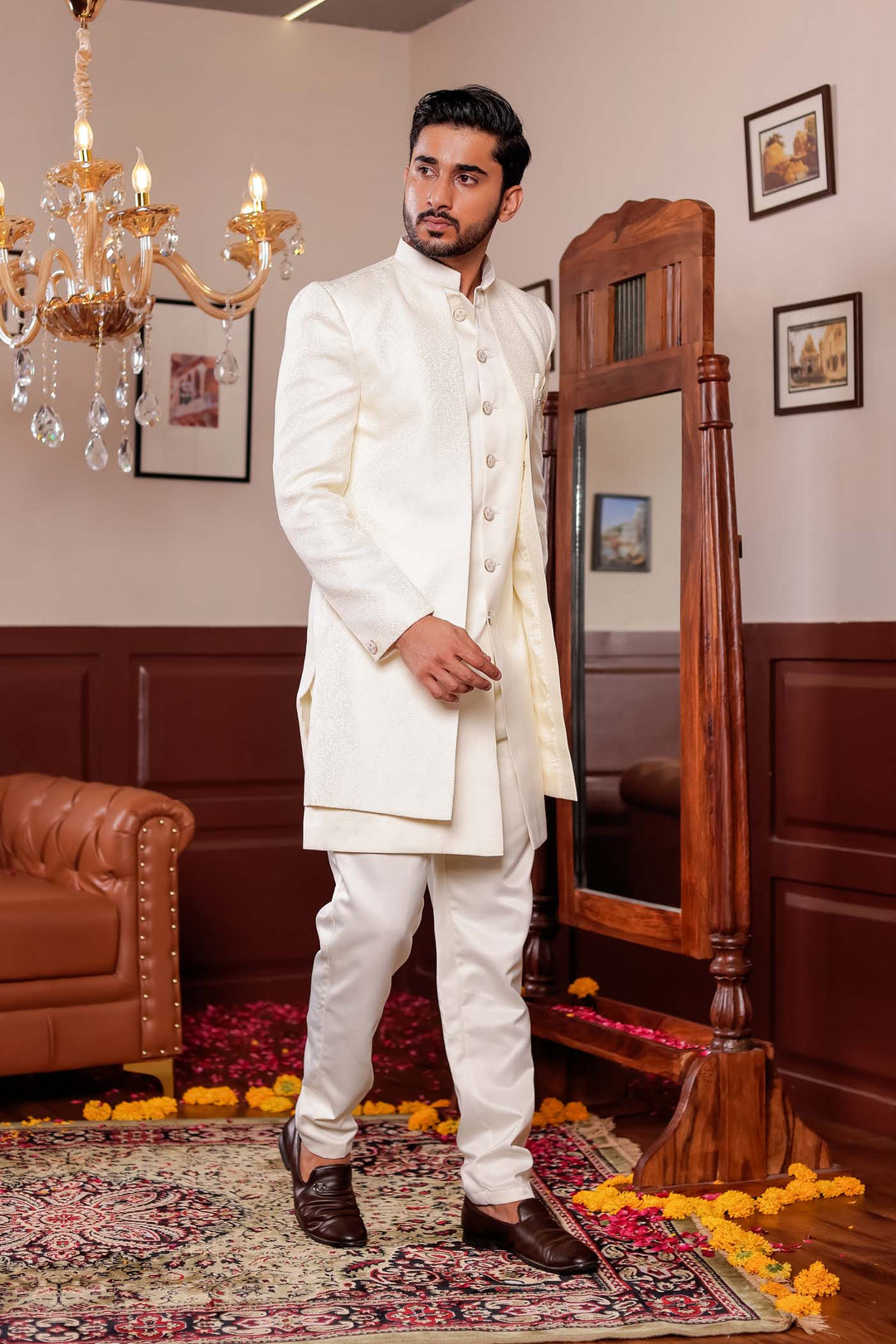 Cream Brocade Silk Jacket Style Indo-wester Suit.