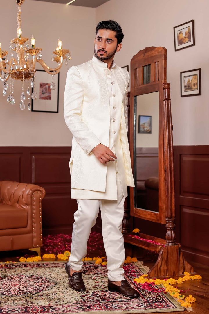 Cream Brocade Silk Jacket Style Indo-wester Suit.