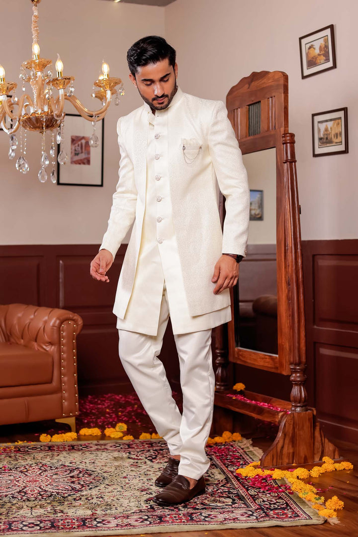 Cream Brocade Silk Jacket Style Indo-wester Suit.