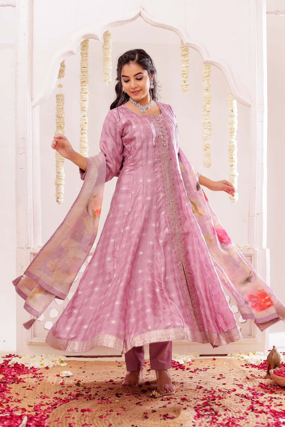 Lilac Long Sleeves Banarsi Silk Anarkali Suit.