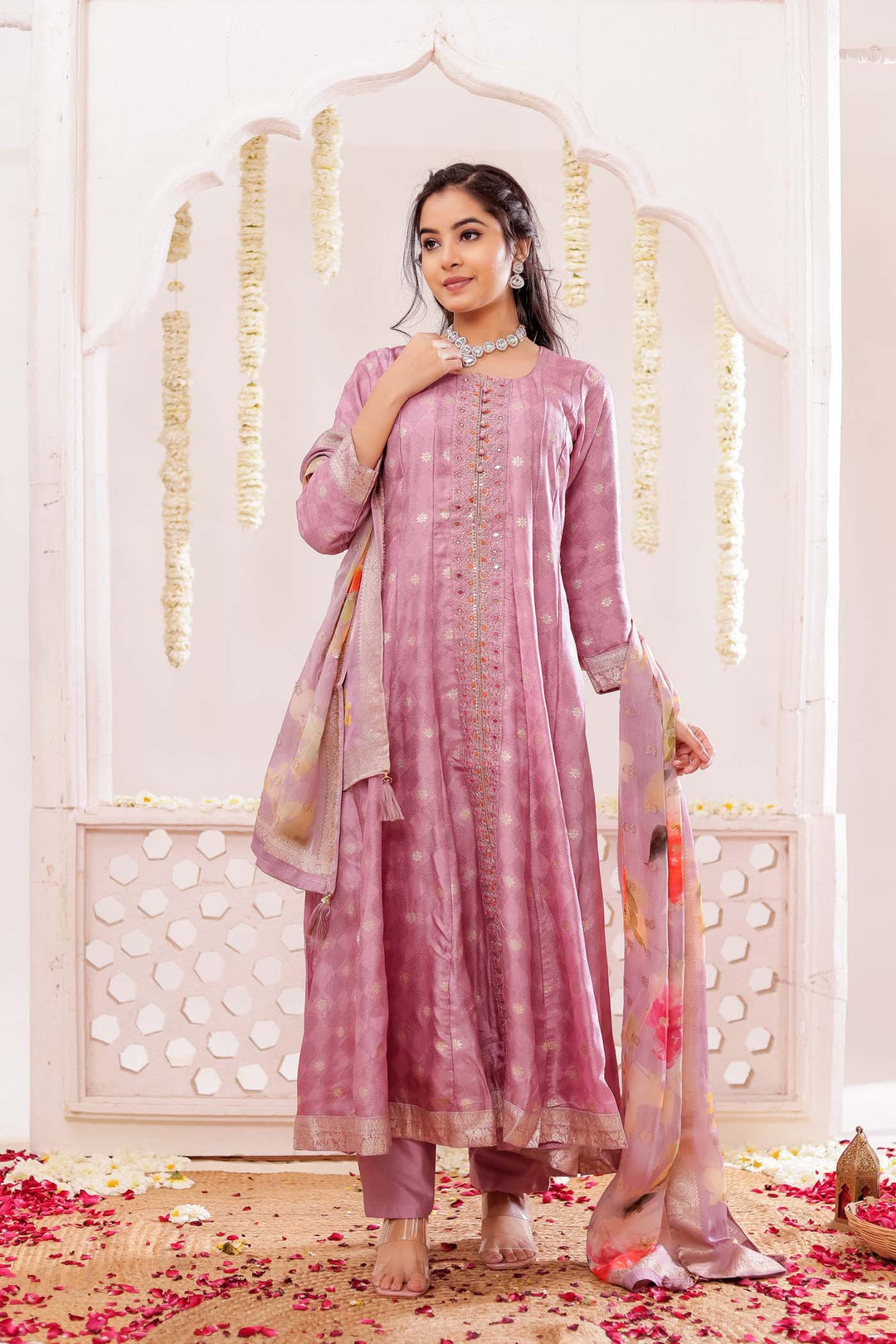 Lilac Long Sleeves Banarsi Silk Anarkali Suit.