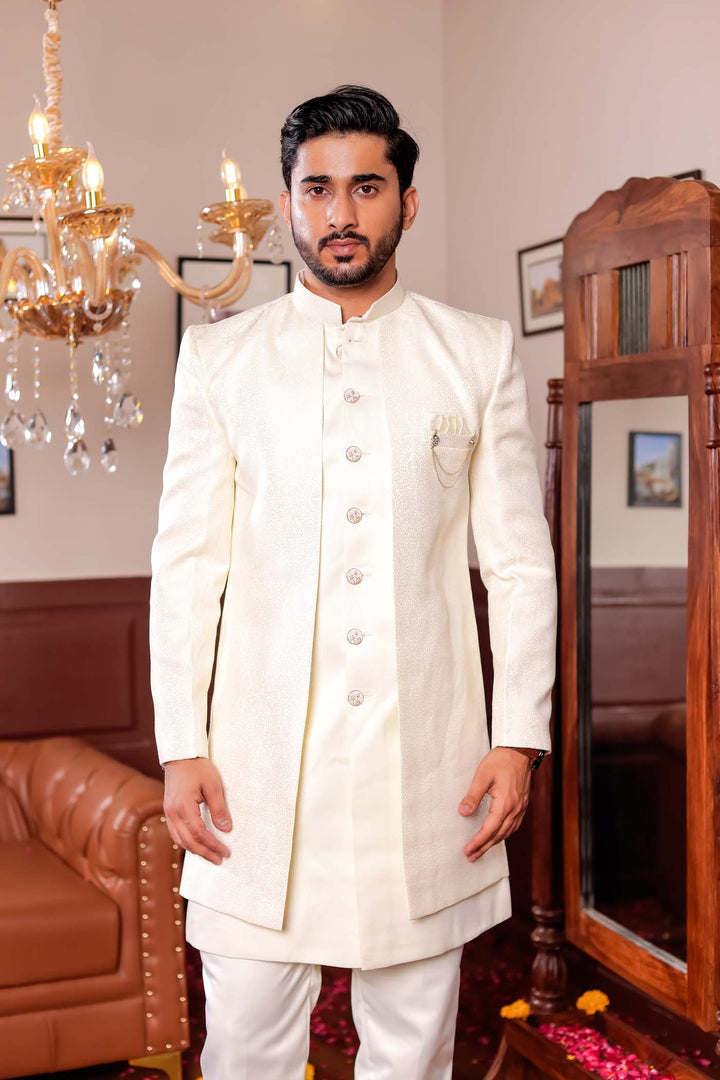 Cream Brocade Silk Jacket Style Indo-wester Suit.