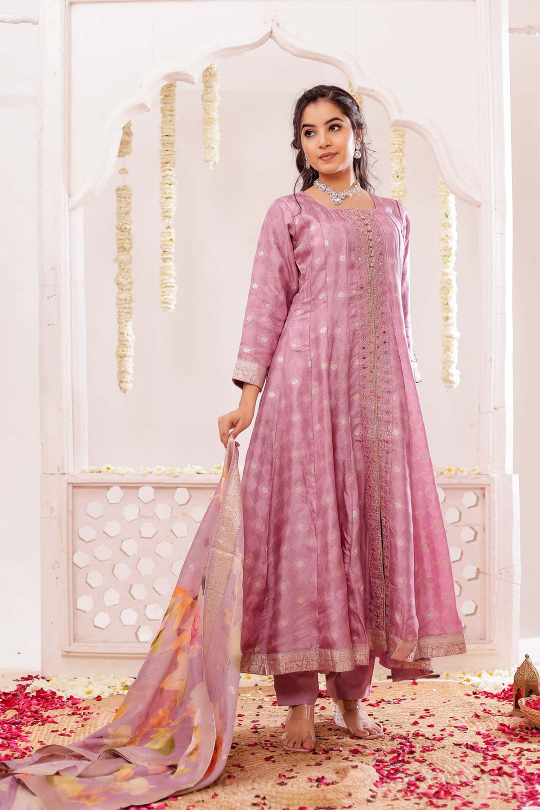Lilac Long Sleeves Banarsi Silk Anarkali Suit.