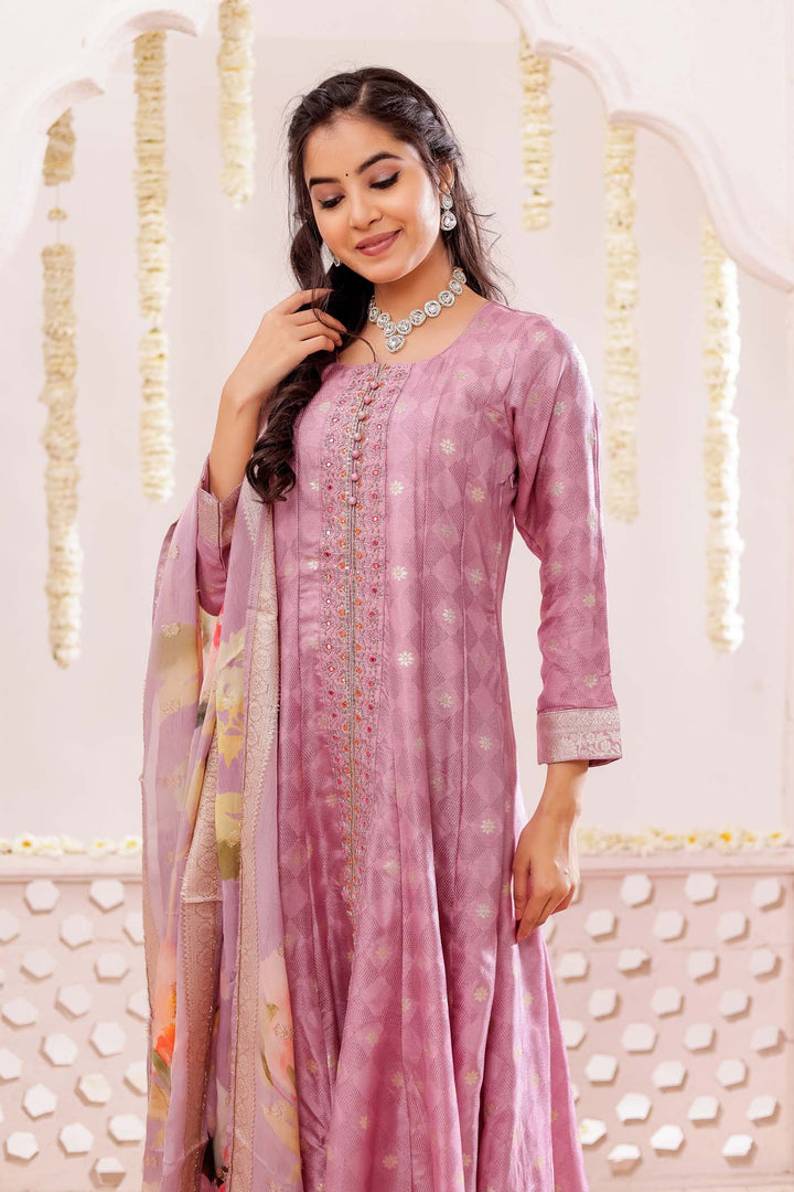 Lilac Long Sleeves Banarsi Silk Anarkali Suit.