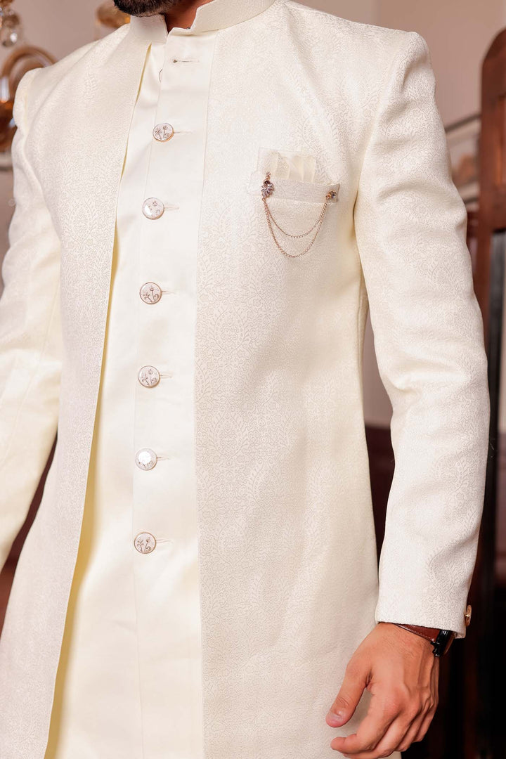 Cream Brocade Silk Jacket Style Indo-wester Suit.