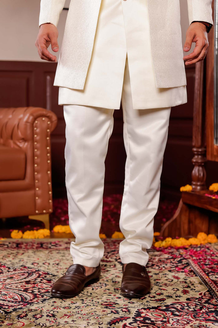 Cream Brocade Silk Jacket Style Indo-wester Suit.