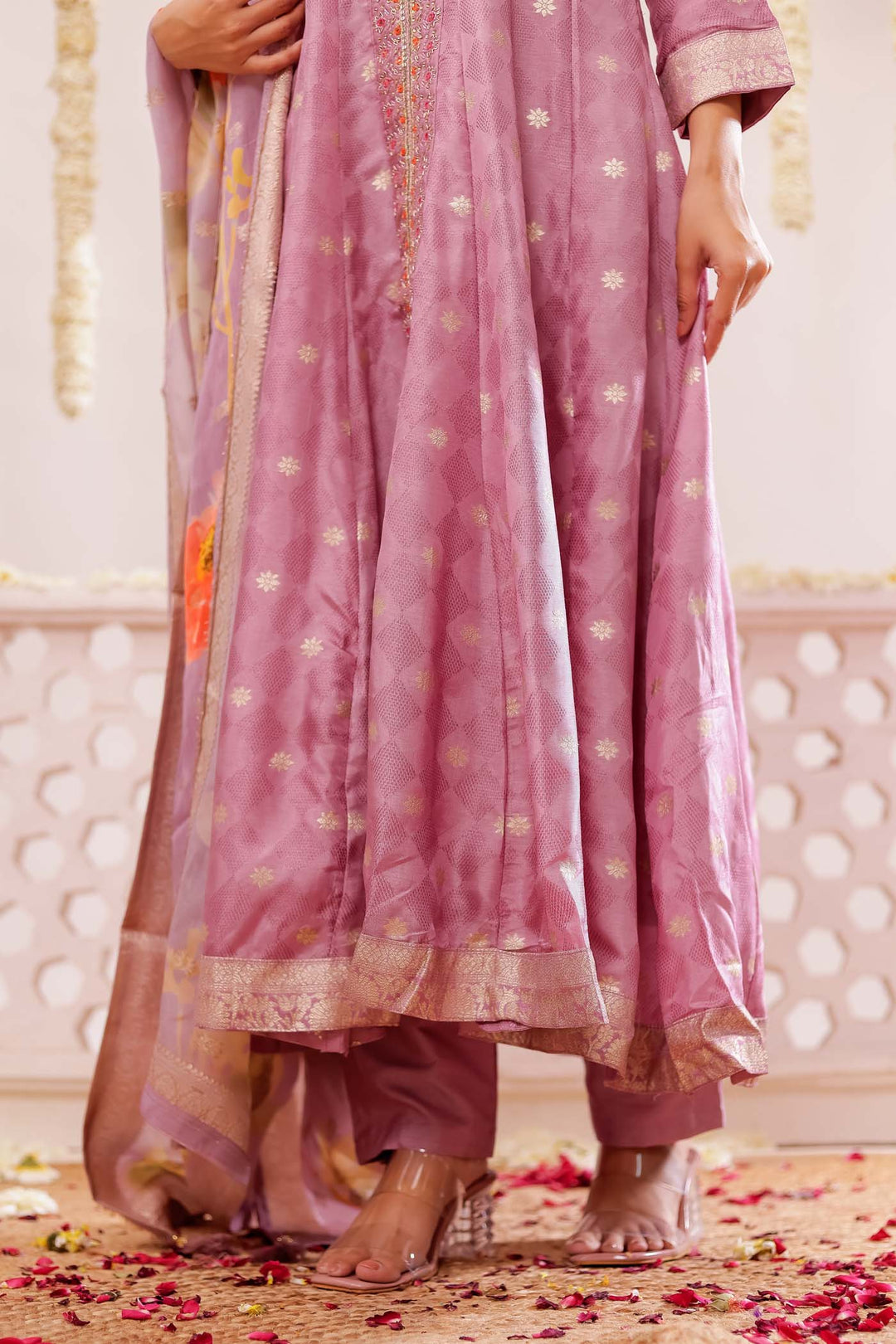 Lilac Long Sleeves Banarsi Silk Anarkali Suit.