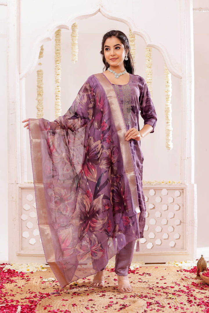 Purple Soft Silk Straight Cut Kurta Set