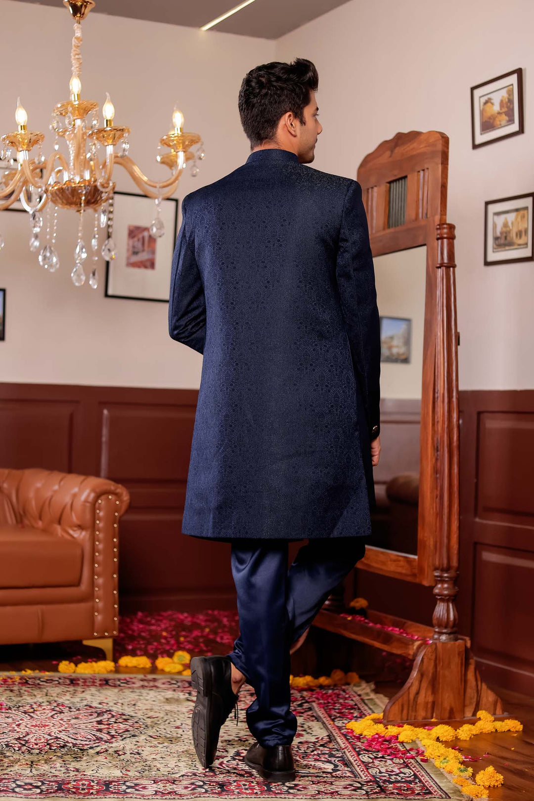 Navy Blue Brocade Silk Jacket Style Indo-wester Suit.