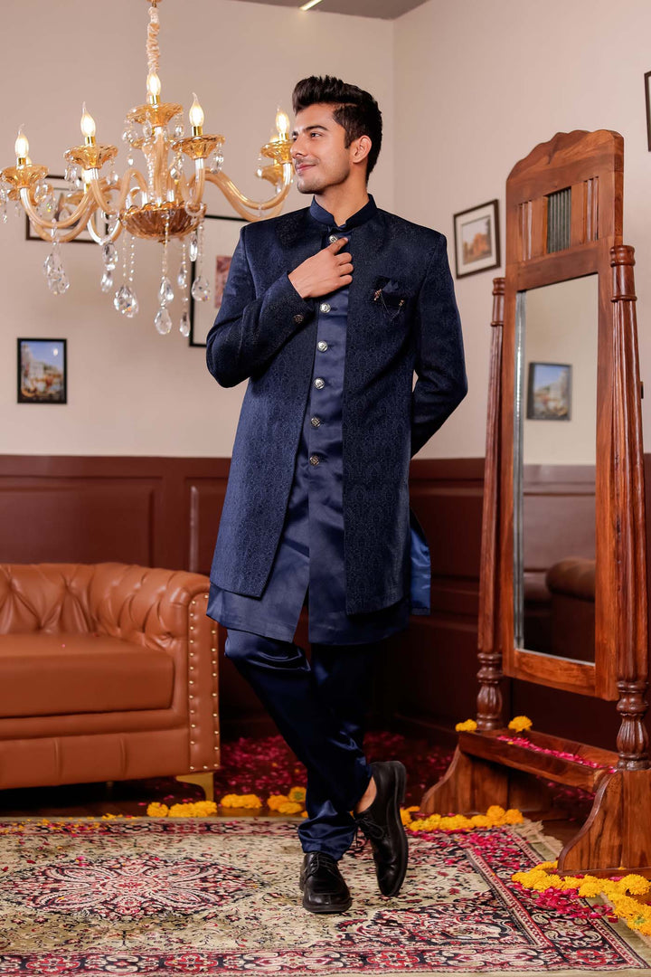 Navy Blue Brocade Silk Jacket Style Indo-wester Suit.