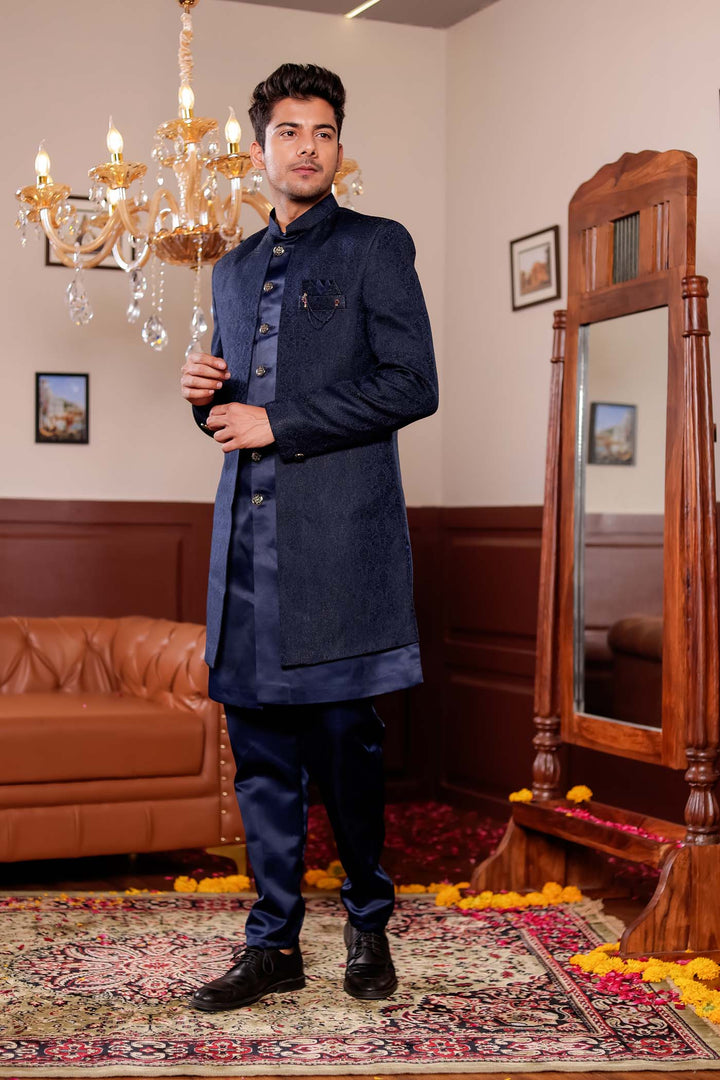Navy Blue Brocade Silk Jacket Style Indo-wester Suit.