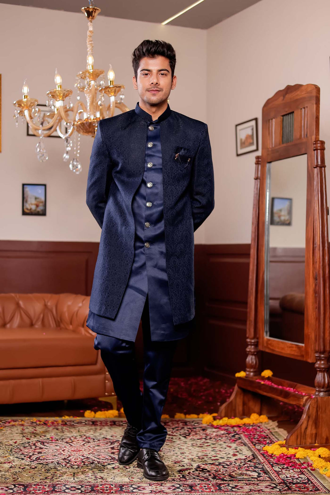 Navy Blue Brocade Silk Jacket Style Indo-wester Suit.