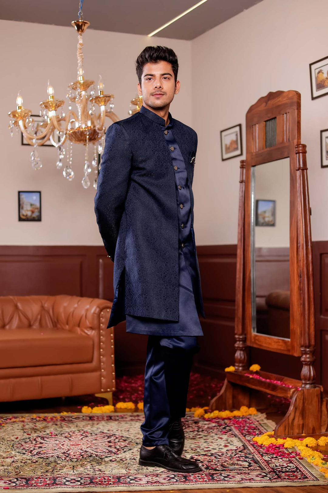 Navy Blue Brocade Silk Jacket Style Indo-wester Suit.