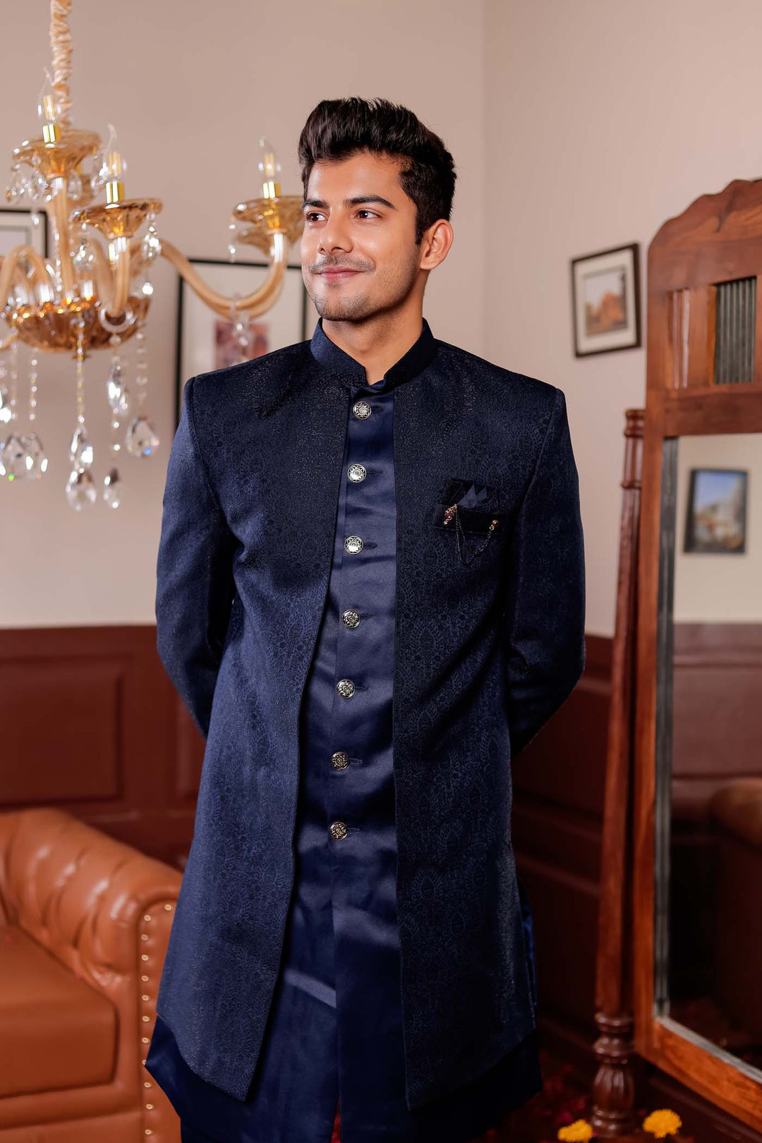 Navy Blue Brocade Silk Jacket Style Indo-wester Suit.