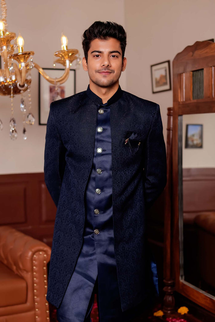 Navy Blue Brocade Silk Jacket Style Indo-wester Suit.