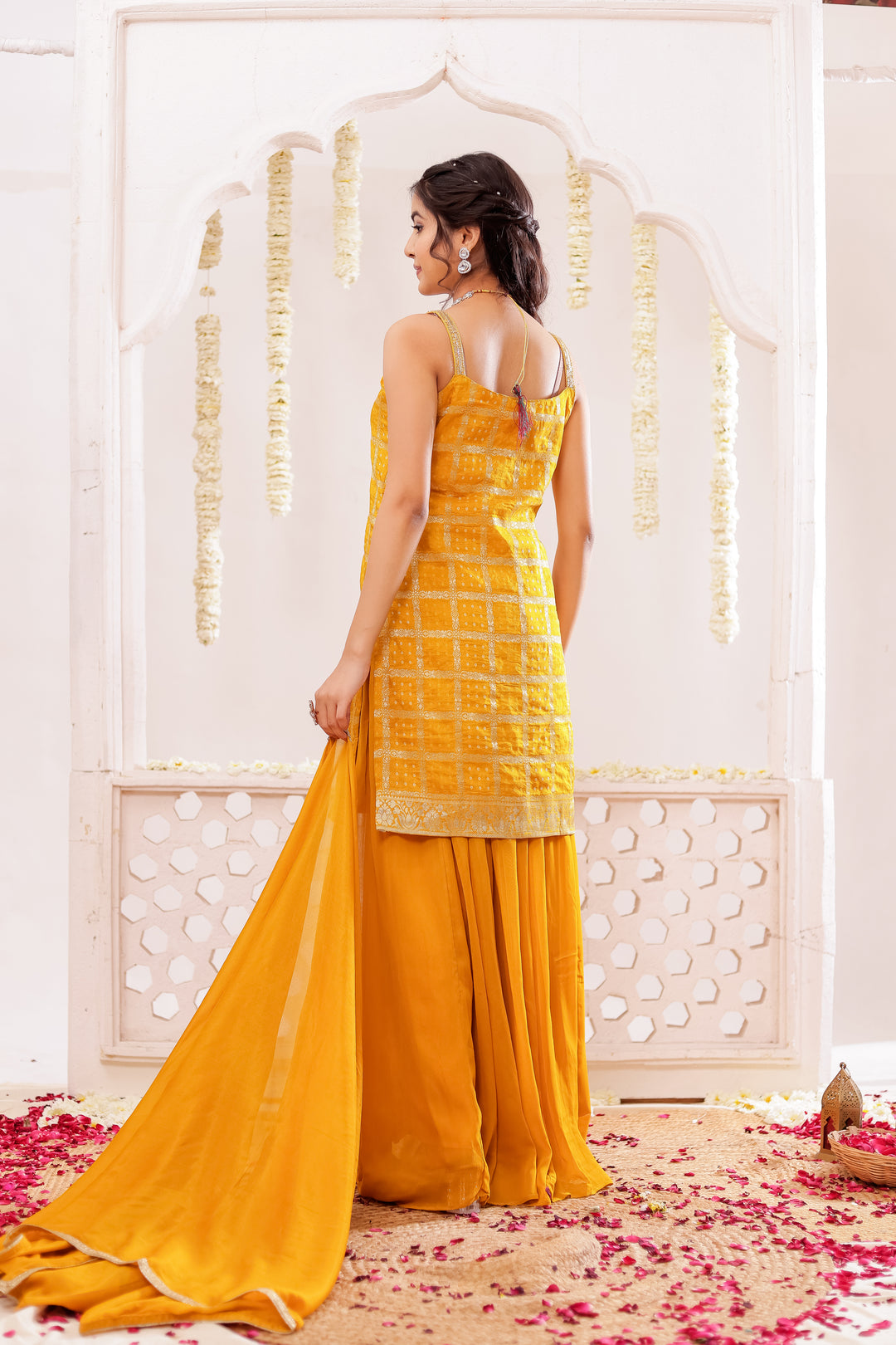 Mustard Georgette Bandhani Palazzo Suit.
