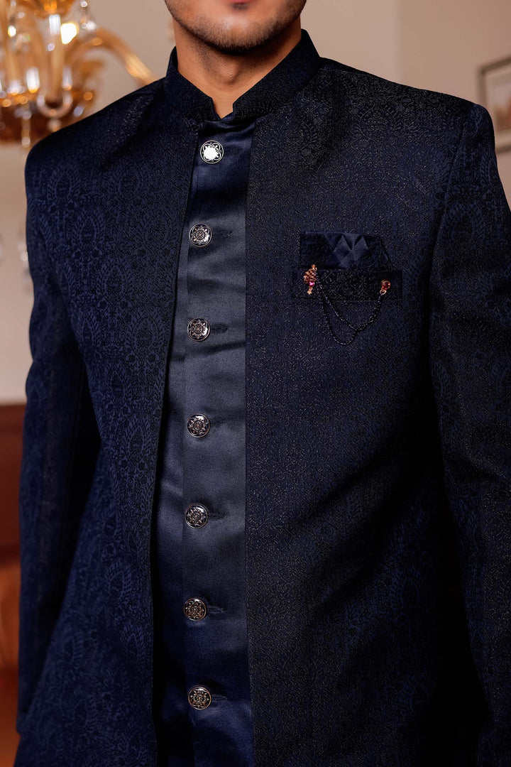 Navy Blue Brocade Silk Jacket Style Indo-wester Suit.