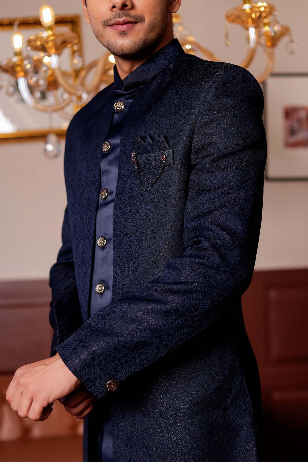 Navy Blue Brocade Silk Jacket Style Indo-wester Suit.