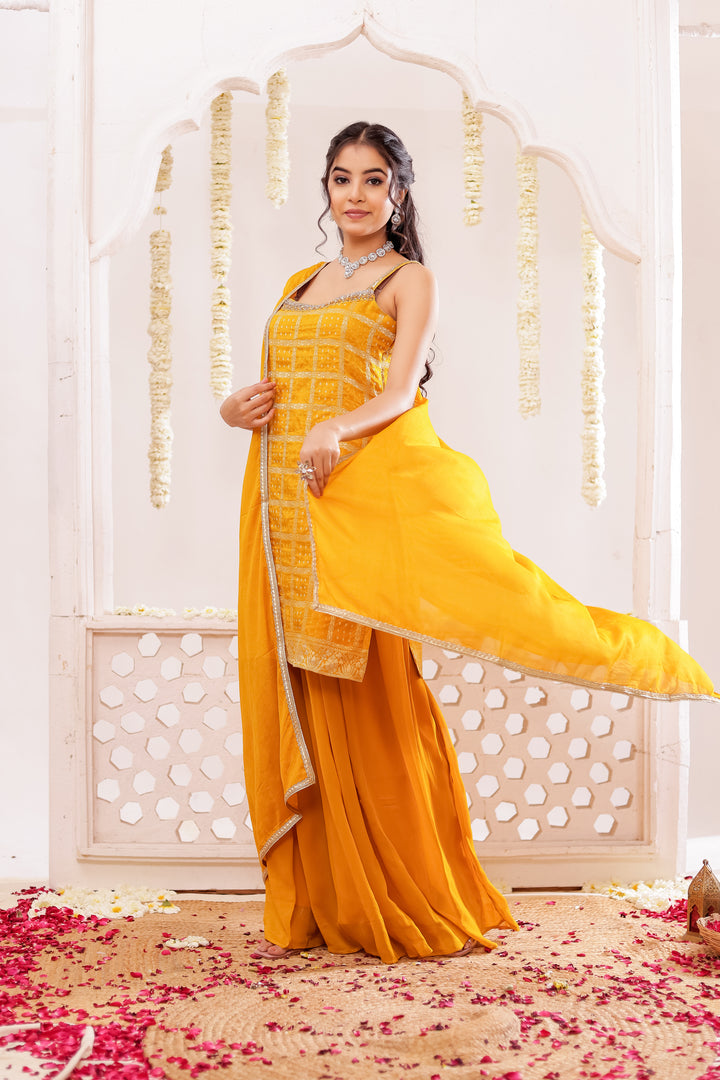 Mustard Georgette Bandhani Palazzo Suit.