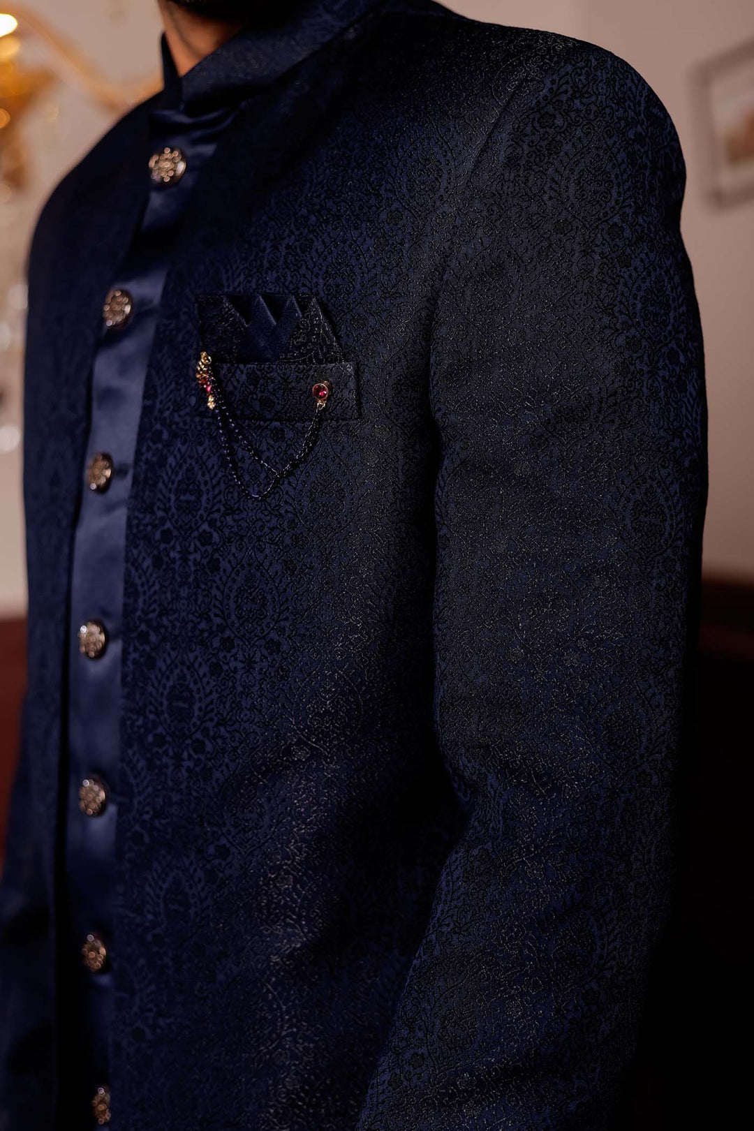 Navy Blue Brocade Silk Jacket Style Indo-wester Suit.