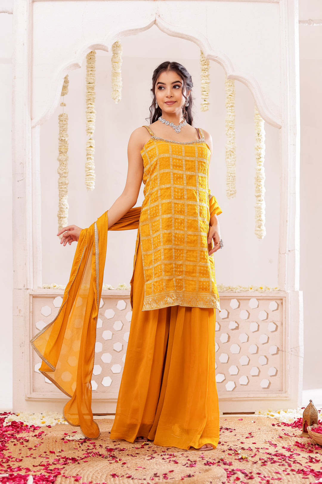 Mustard Georgette Bandhani Palazzo Suit.