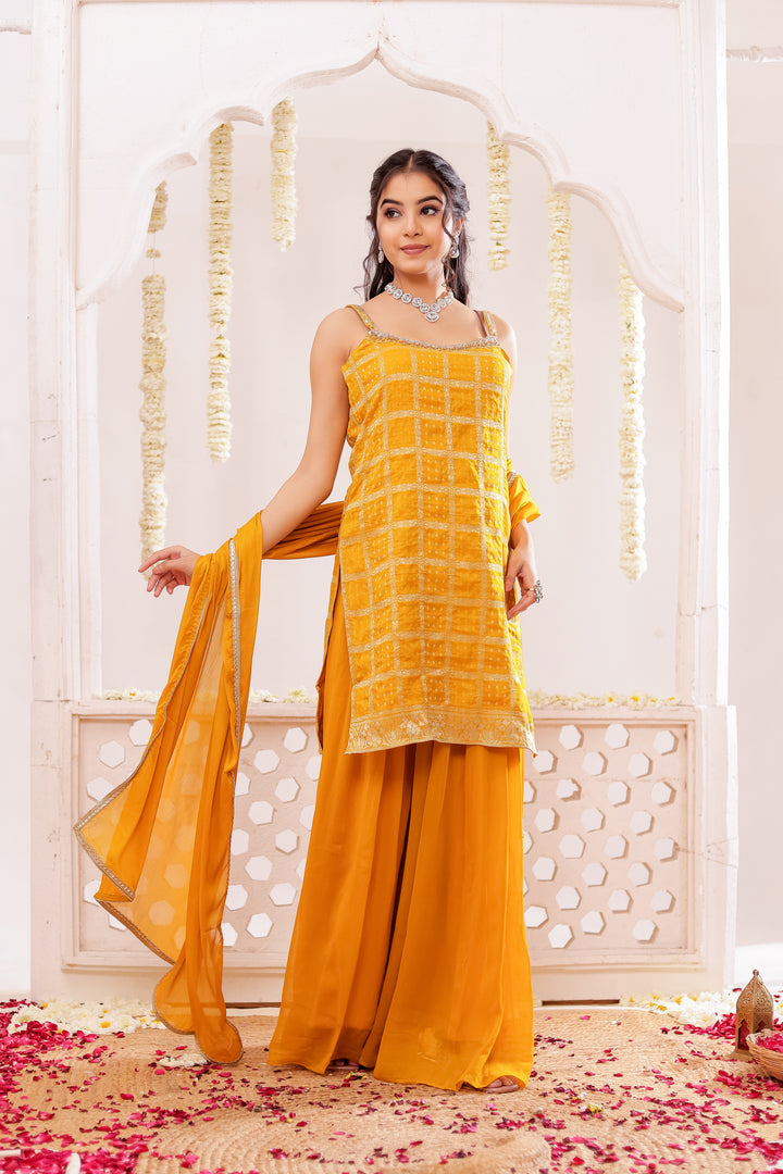 Mustard Georgette Bandhani Palazzo Suit.