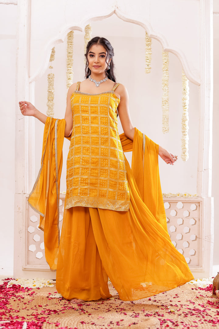 Mustard Georgette Bandhani Palazzo Suit.
