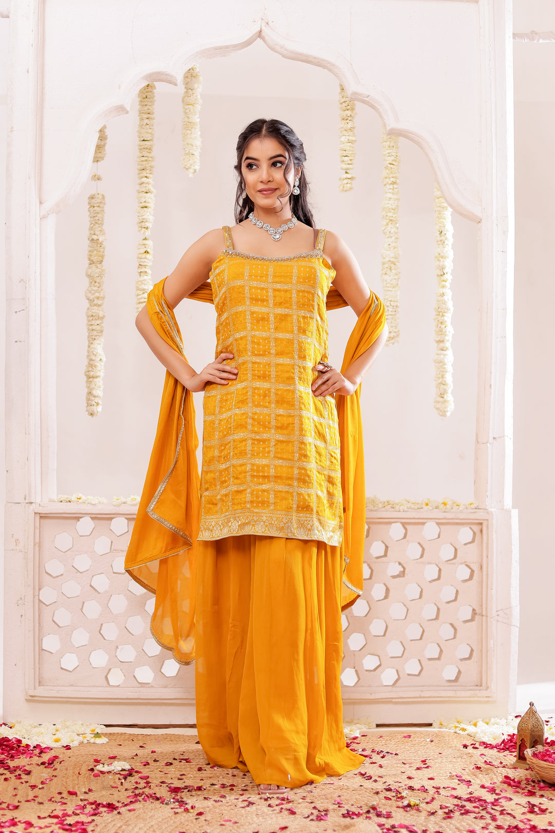 Mustard Georgette Bandhani Palazzo Suit.
