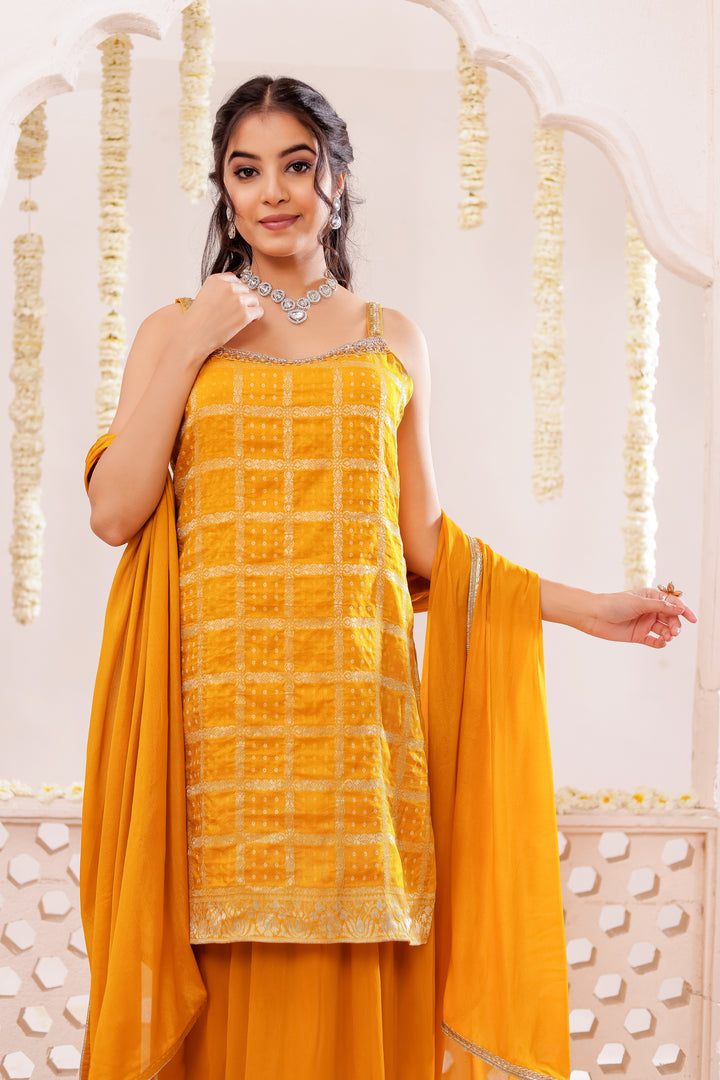 Mustard Georgette Bandhani Palazzo Suit.