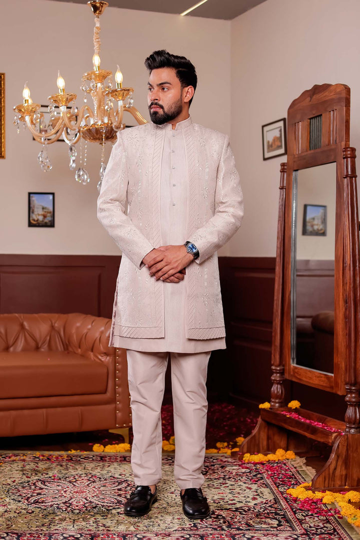 Taupe Soft Silk Open jacket Style Indo-western Suit