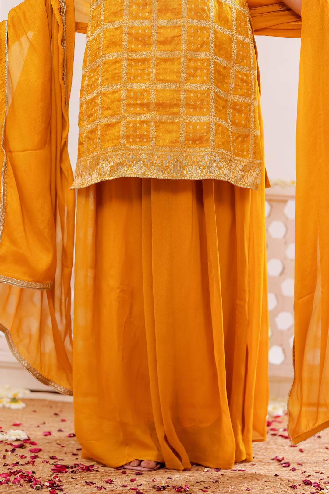 Mustard Georgette Bandhani Palazzo Suit.