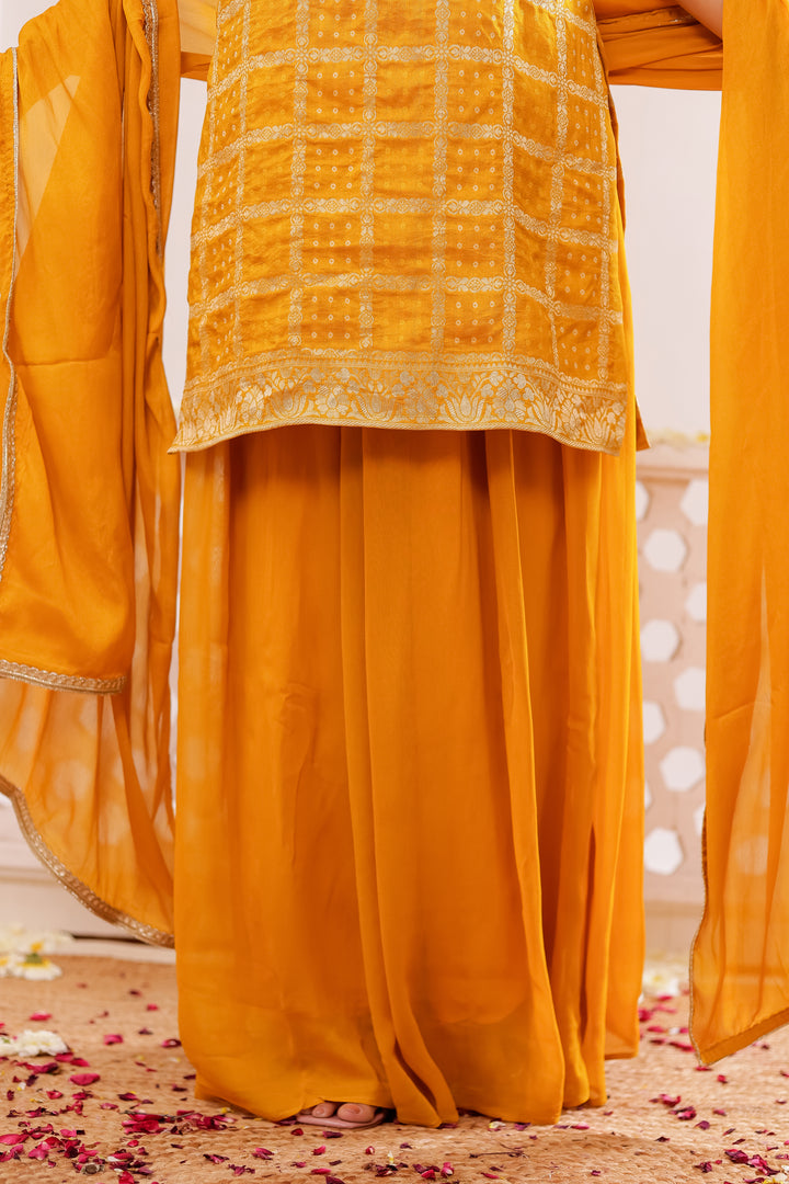 Mustard Georgette Bandhani Palazzo Suit.