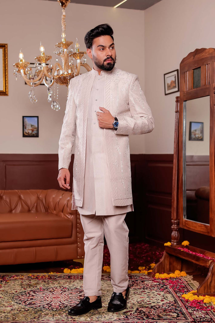 Taupe Soft Silk Open jacket Style Indo-western Suit