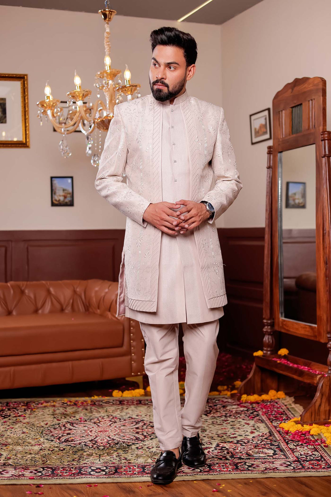 Taupe Soft Silk Open jacket Style Indo-western Suit