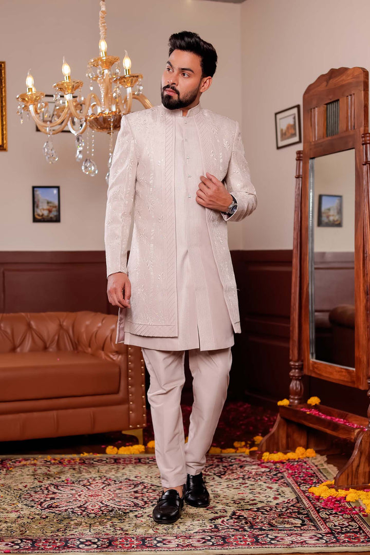 Taupe Soft Silk Open jacket Style Indo-western Suit