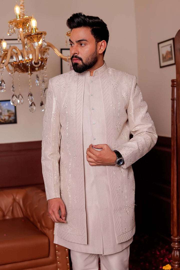 Taupe Soft Silk Open jacket Style Indo-western Suit