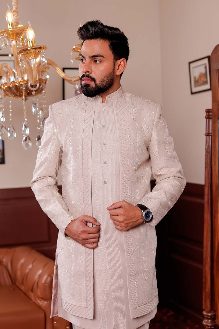 Taupe Soft Silk Open jacket Style Indo-western Suit