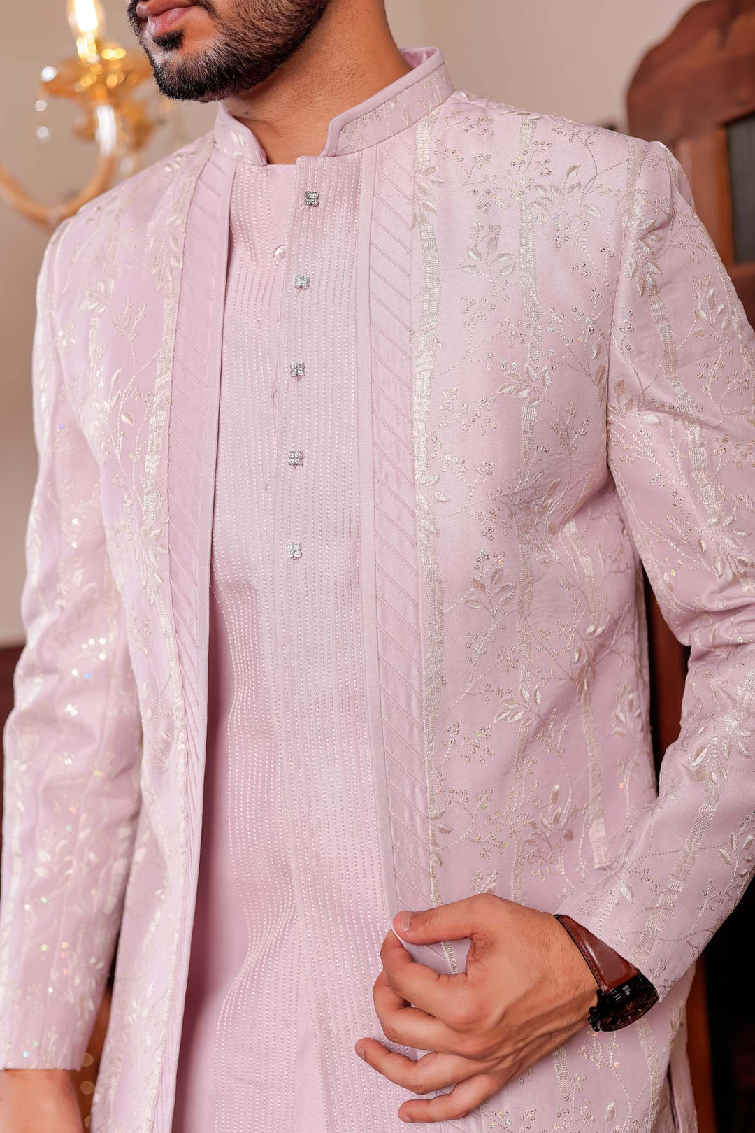 Lavander Soft Silk Open jacket Style Indo-western Suit.