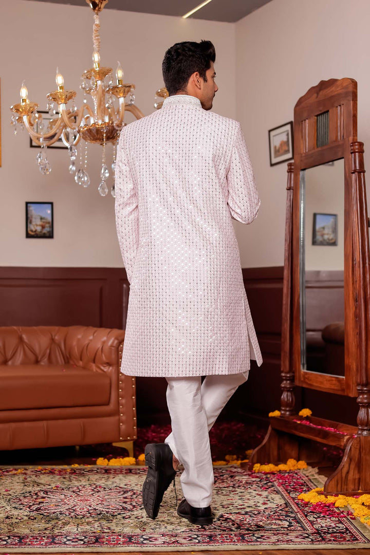 Light Peach Lucknowi Silk Indo-western Suit With Resham Thread Work.