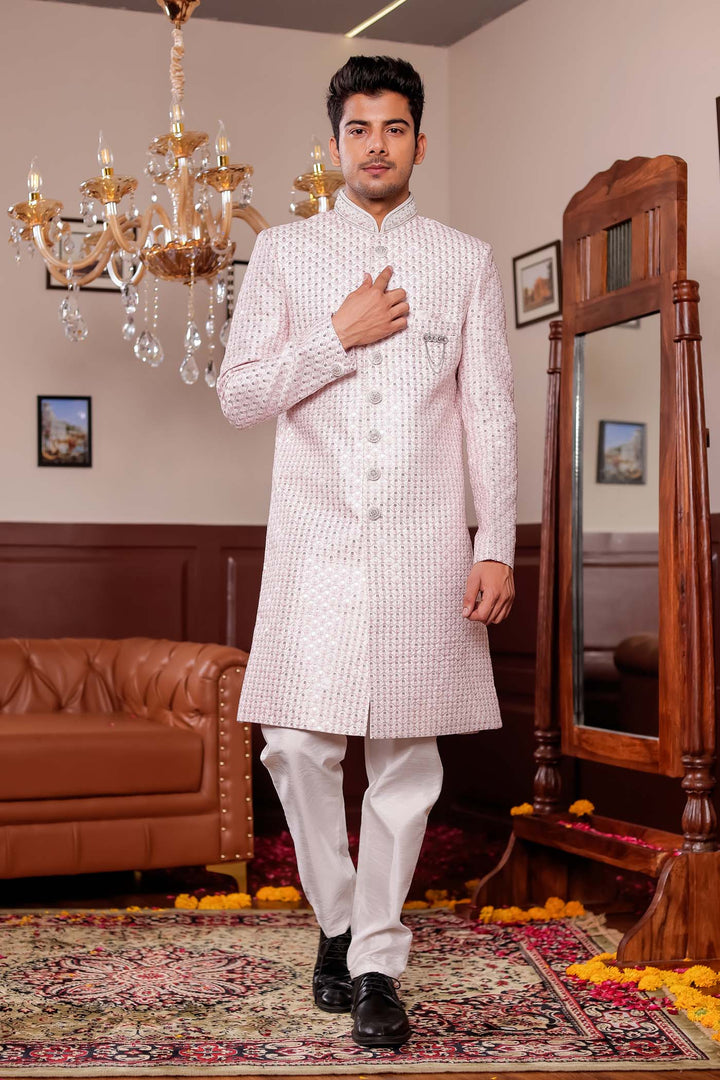 Light Peach Lucknowi Silk Indo-western Suit With Resham Thread Work.