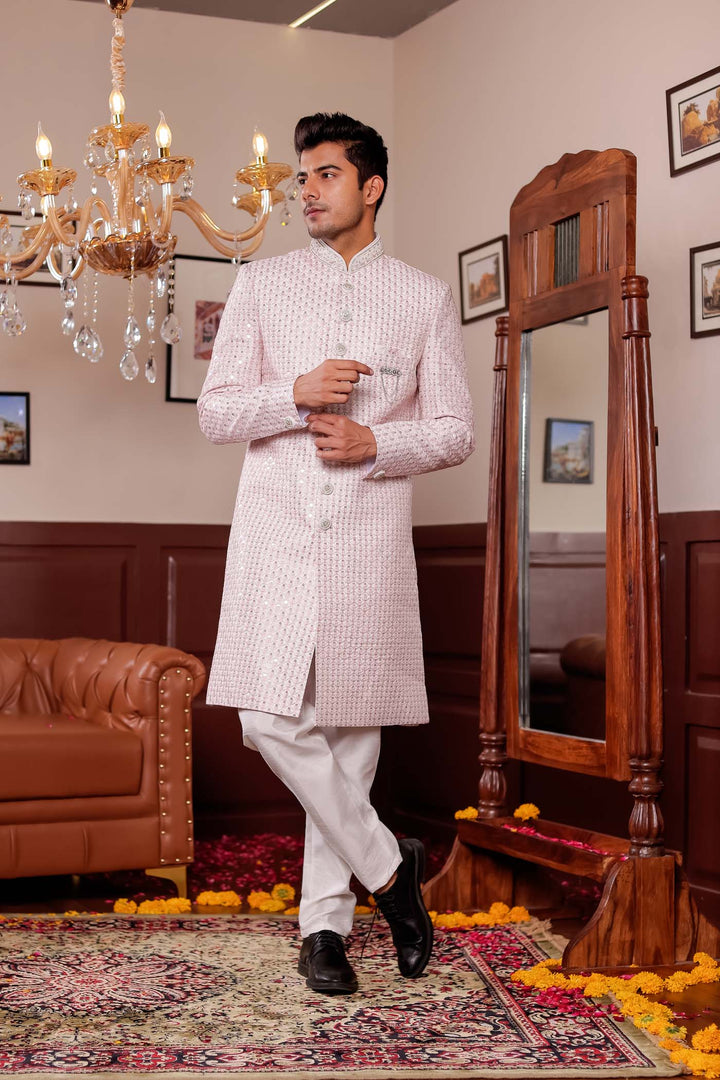 Light Peach Lucknowi Silk Indo-western Suit With Resham Thread Work.