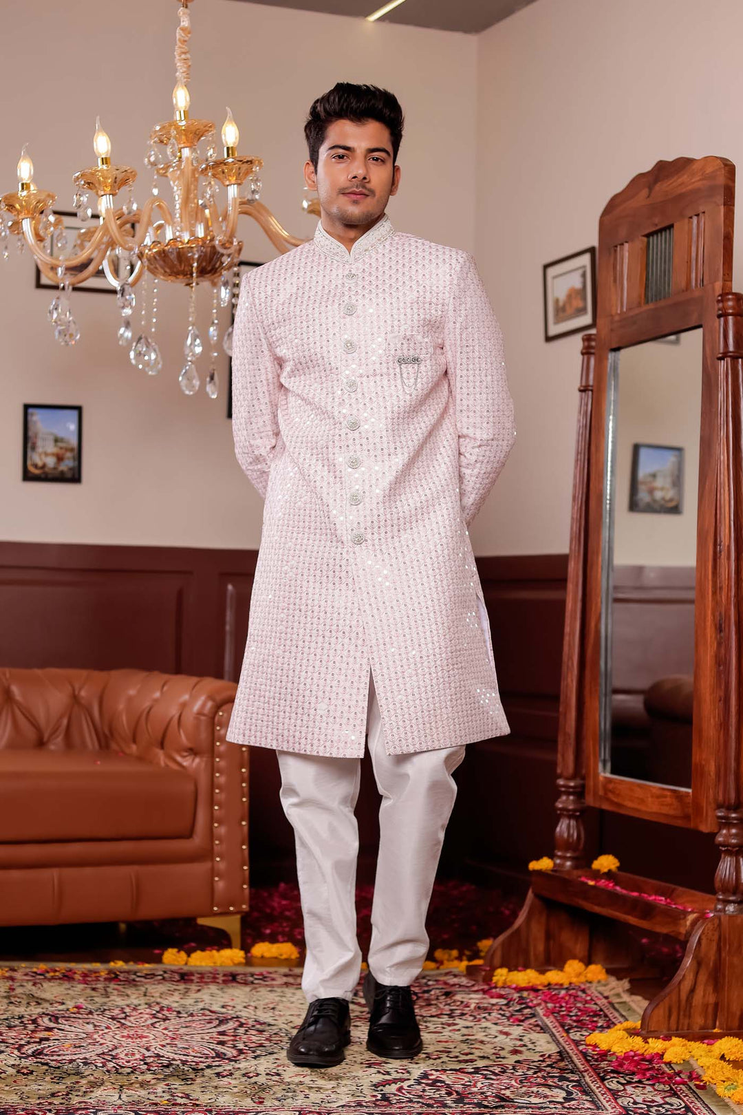 Light Peach Lucknowi Silk Indo-western Suit With Resham Thread Work.