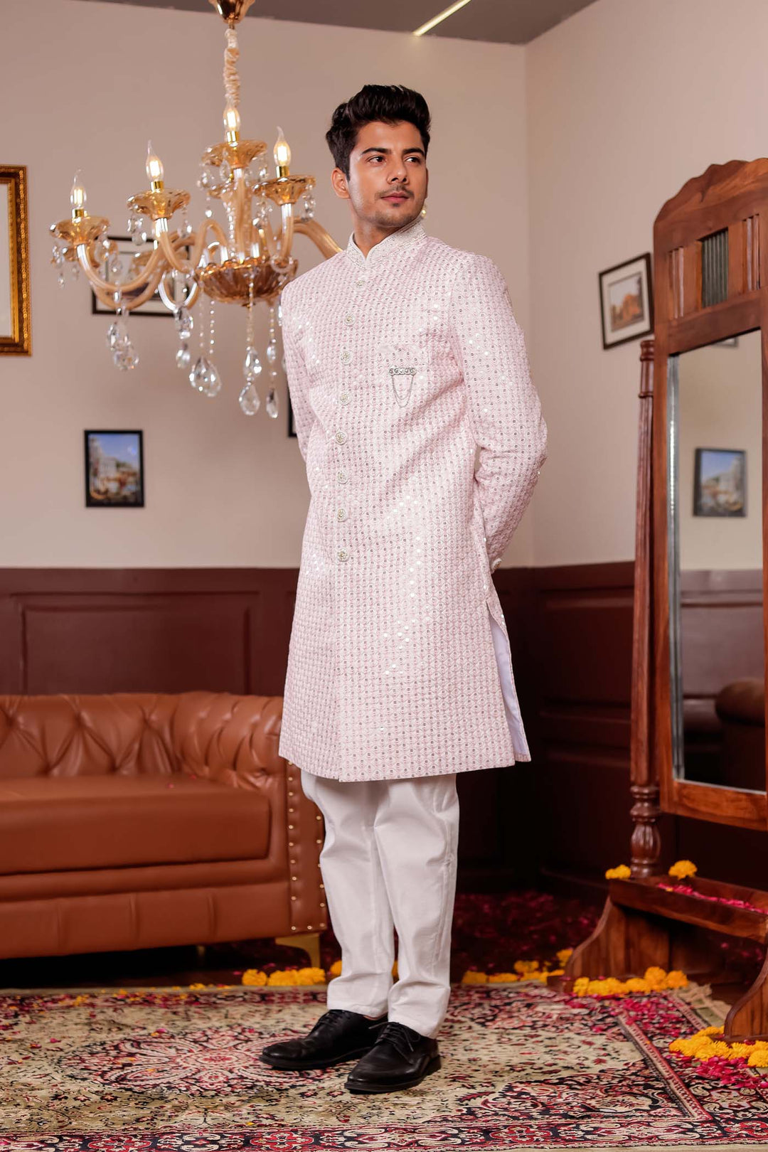 Light Peach Lucknowi Silk Indo-western Suit With Resham Thread Work.