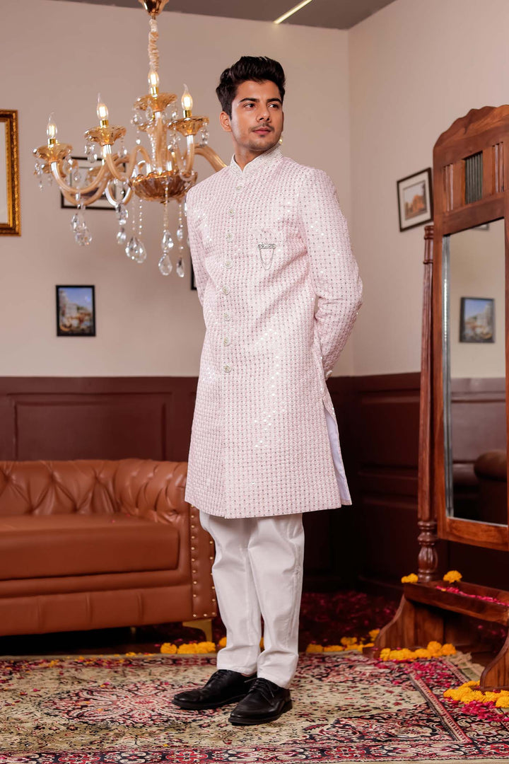 Light Peach Lucknowi Silk Indo-western Suit With Resham Thread Work.