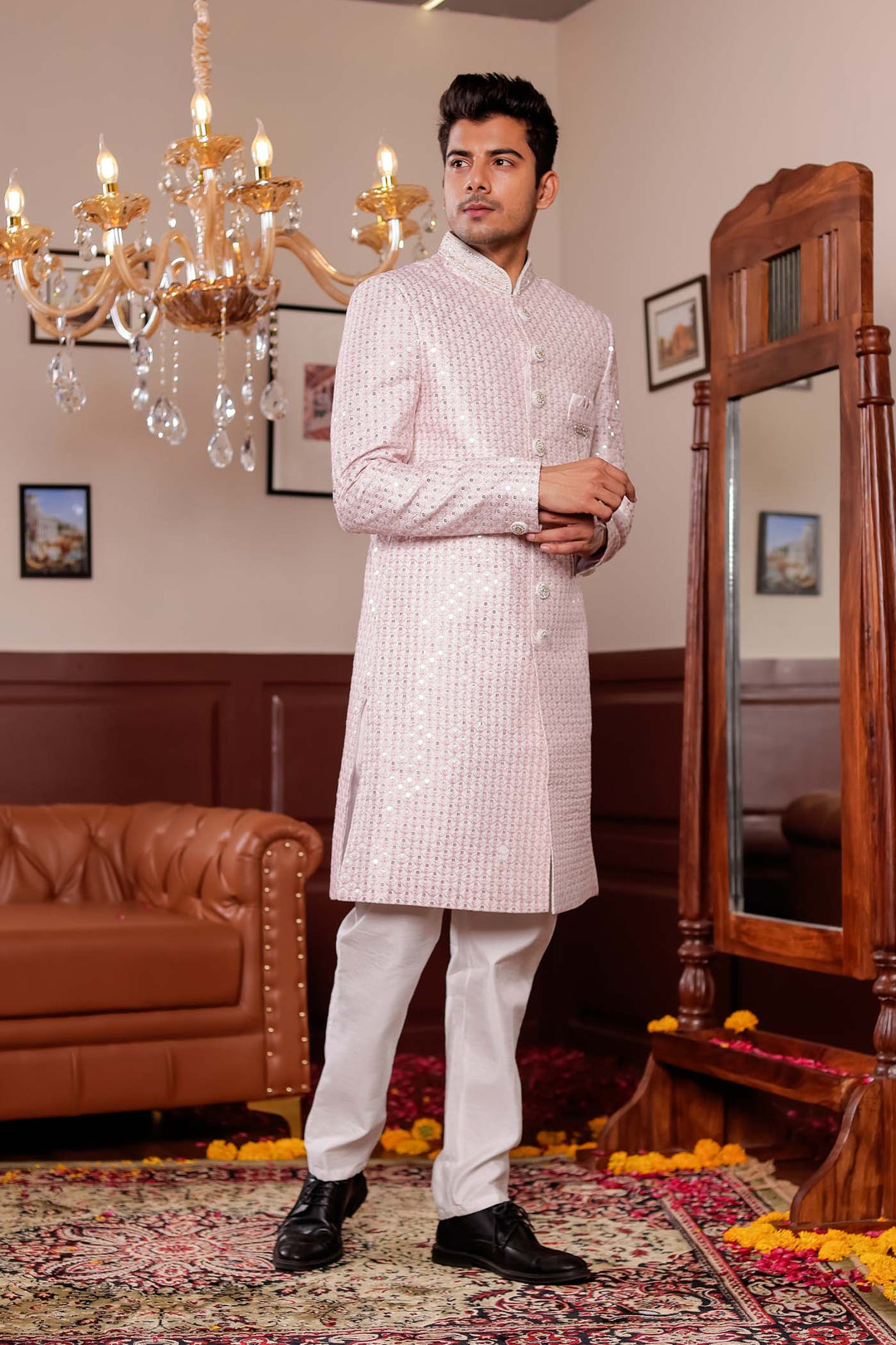 Light Peach Lucknowi Silk Indo-western Suit With Resham Thread Work.